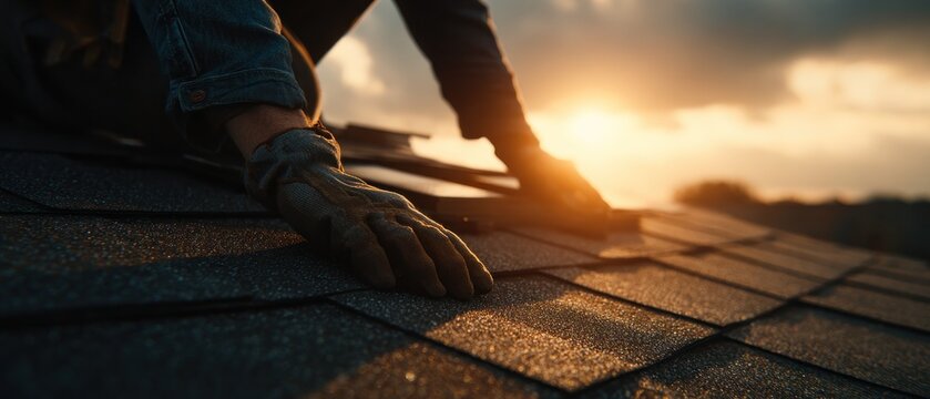 Roofers hands working on a roof during sunset
