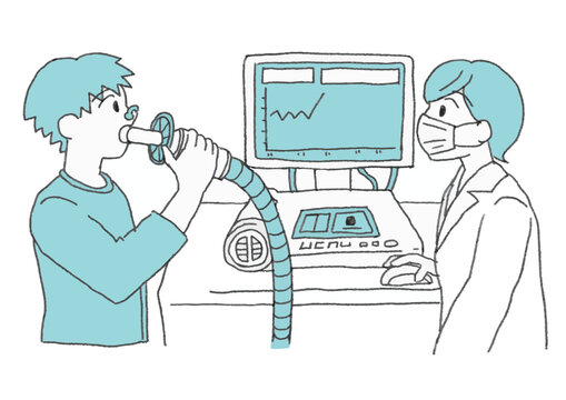 Funny cartoon character performing a spirometry lung function test with a doctor, simple vector illustration