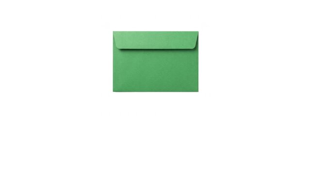 Animated blank green paper envelope falling from the top on an isolated white background. Realistic 3D corporate mail, invitation, or greeting card mockup dropping down animation loop for branding, ma