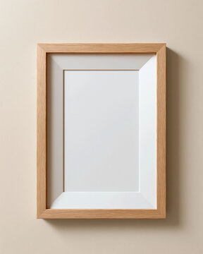 Wooden picture frame with blank white mat on beige wall, minimal interior mockup with soft shadow and clean vertical design