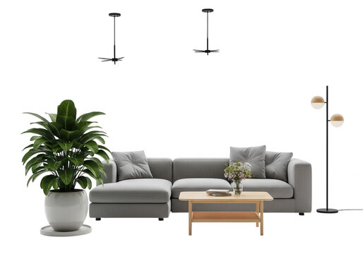 Modern grey sofa with wooden coffee table and indoor green plant in a bright living room setup for interior design isolated on transparent background
