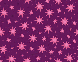 Seamless pattern with pink stars on purple background. Magic, mystical pattern. Cosmos, universe, night sky. Pattern for fabric, prints, design, or wrapping paper. © sorninai