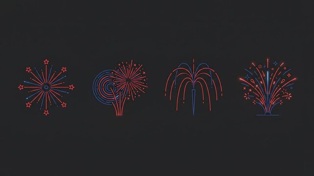 Animated glowing red and blue neon fireworks icons flashing on dark background.