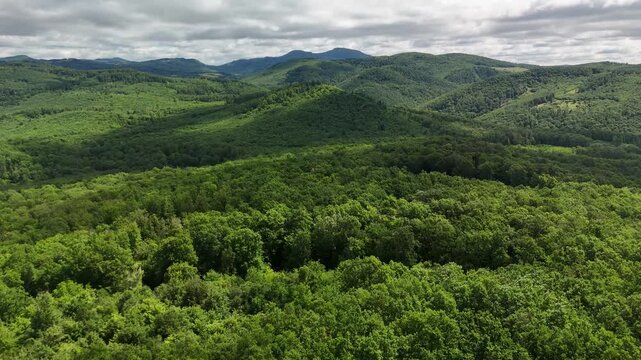 Aerial view of the lush green forests of Bohunicky Rohac in Stiavnicke Vrchy, featuring rolling hills under a cloudy sky in Levice, Nitra Region, Slovakia.