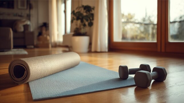 Yoga mat and dumbbells on the floor