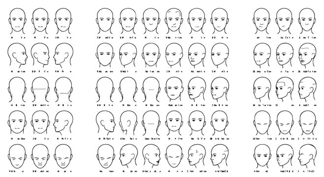 Character head drawing guides - multiple views and expressions for artists with character, reference