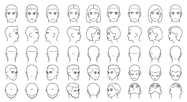 Anime head study - various angles and styles - drawing reference sheet with character, reference