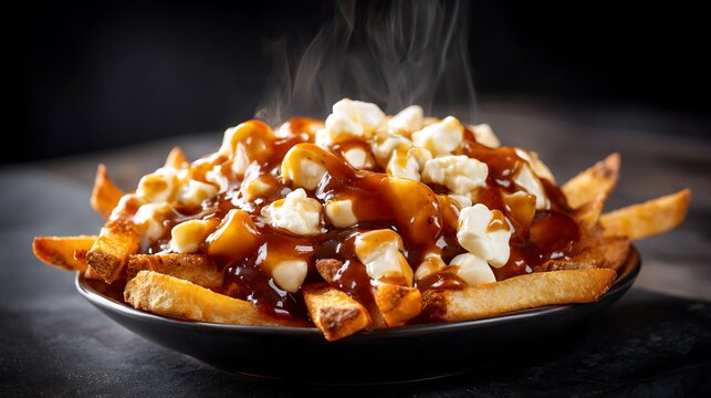 Delicious poutine with crispy french fries and melted cheese curds topped with thick gravy in black bowl