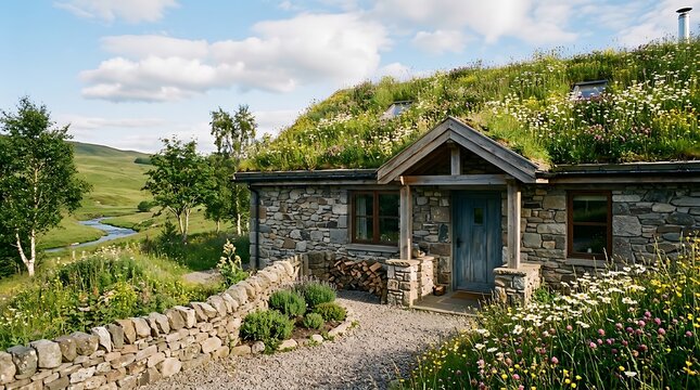 Rustic stone cottage with a living sod roof and wildflower garden
