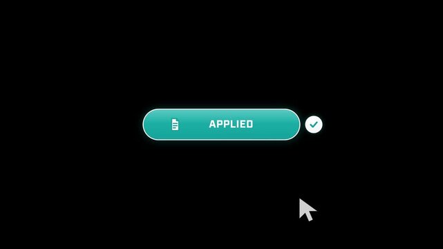 Apply now button click animation with cursor pressing indigo pill swapping to teal applied confirmation and check mark on black 4K luma key overlay