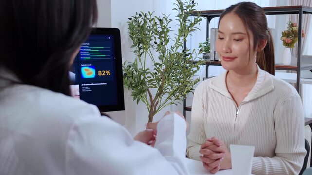 Asian woman doctor explaining and consult with young female patient in medical clinic applying cosmetic moisture cream product on her hand, computer screen showing ai facial skin analysis data.