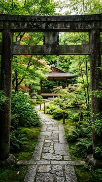Stone path leading through a torii gate in a lush japanese garden
