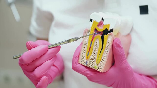 Dentist explaining tooth decay and root canals using an anatomical model.