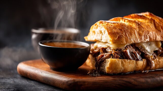 Close-up of roast beef sandwich with melted cheese and steaming au jus