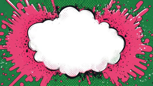 Comic book speech bubble with pink paint splatter design on green pop art background for dynamic graphic text message design templates.