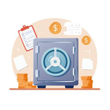 Flat illustration of a safe vault with money and documents