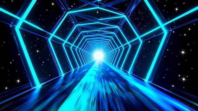 Futuristic glowing tunnel with starry background