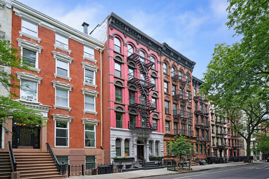 East Village area of Manhattan, colorful old apartment buildings