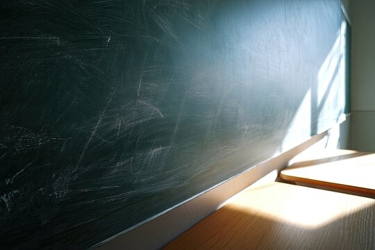 Sunlight streams across an empty chalkboard and wooden desk, hinting at learning