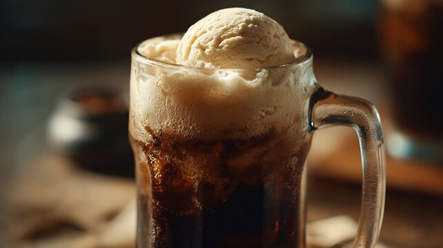 Close-up of a root beer float with a large scoop of vanilla ice cream and frothy foam