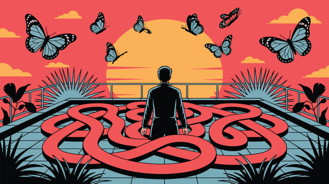 Businessman stands before a complex red labyrinth structure on a balcony while butterflies flutter in the vibrant sunset sky above, representing the difficult challenge of navigating mental confusion.