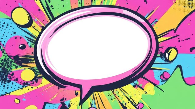 Vibrant comic book style speech bubble frame with retro pop art explosion background graphics for creative messaging templates.