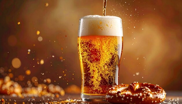 Golden Craft Beer Pour with Pretzel