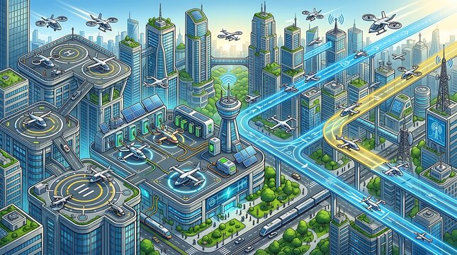 Futuristic smart city with flying taxis and green infrastructure
