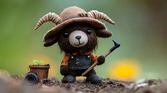 Cute goat gardener figurine