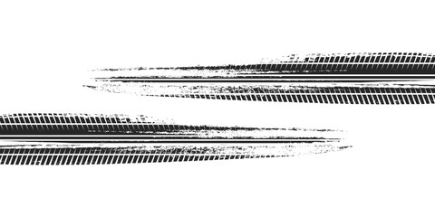 Tire tread marks, drift, motorsport, motocross, rally, tread mark with skid, grinding, splash effect. Graphic set of tire treads, wheel texture, car racing. Vector collection, wheel treads on asphalt © PECAH