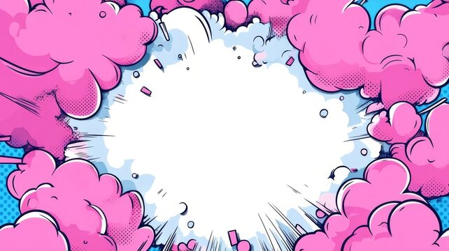 Comic book explosion background with pink clouds and blank speech bubble space for text design.