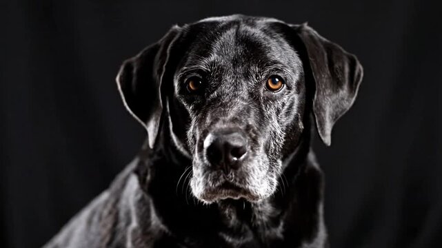 Intimate Portrait of an Elderly Black Labrador Dog with Wise Eyes Against a Black Backdrop