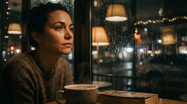 Thoughtful woman in cafe looking out rainy window at night