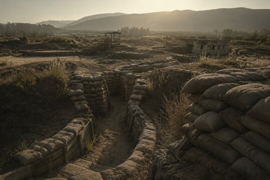 Deserted military training ground with sandbag fortifications and overgrown grass under golden hour light.