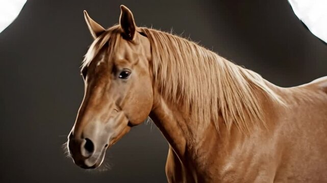 Graceful brown horse with long flowing mane and forelock gazing pensively in studio with diffused lighting