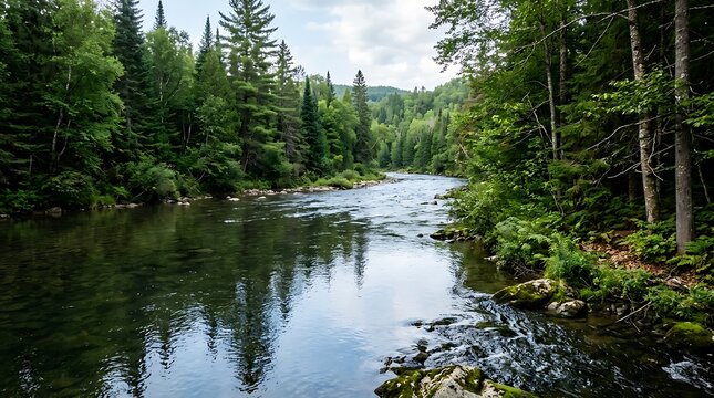 Scenic river flowing through a lush pine forest