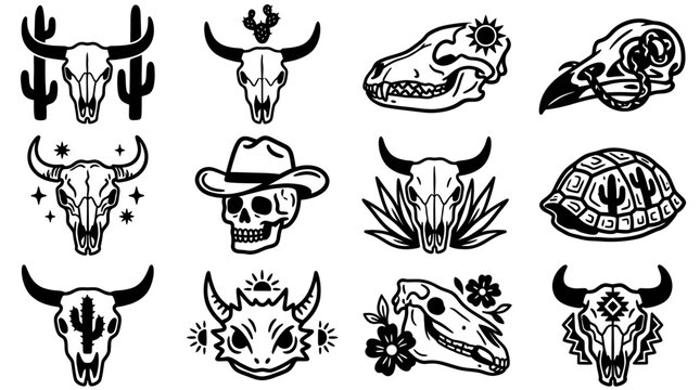 Collection of various animal skulls and bones in a desert or western style.