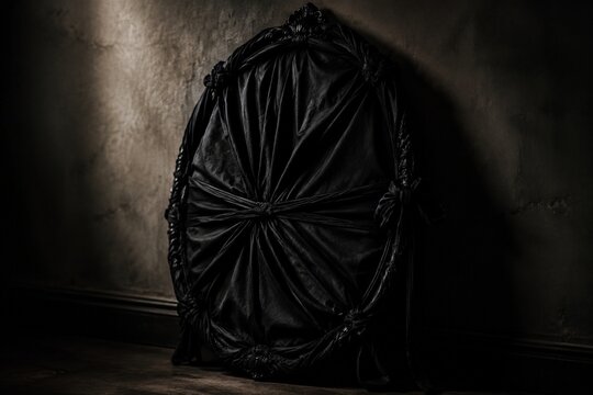 A mirror completely covered and bound with black cloth, no reflection.