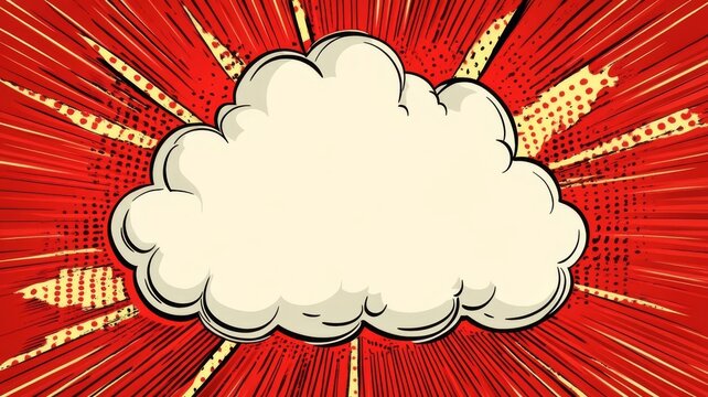 Blank speech bubble cloud on red comic book explosion background for design messaging layout.