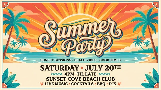 Vibrant summer party with people enjoying good times at beach club during sunset