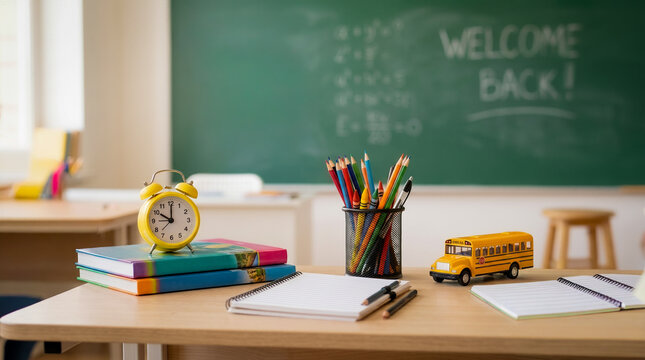 Yellow alarm clock on books, colorful pencils, open notebooks, and a toy school bus sit on a classroom desk with a welcoming chalkboard background. Back To School. 