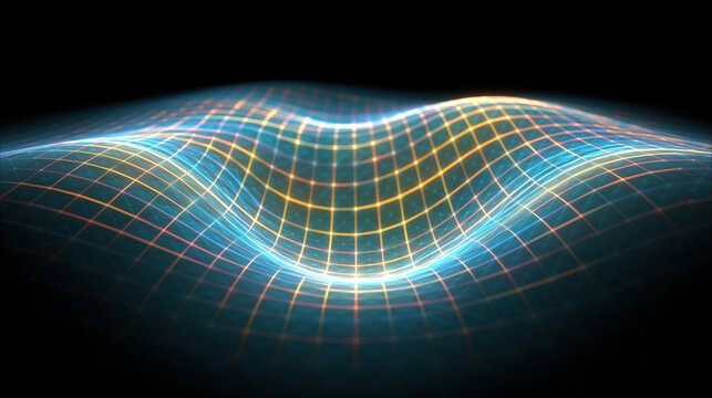Abstract grid wave glowing mesh surface central depression digital landscape blue light curved line futuristic pattern black background