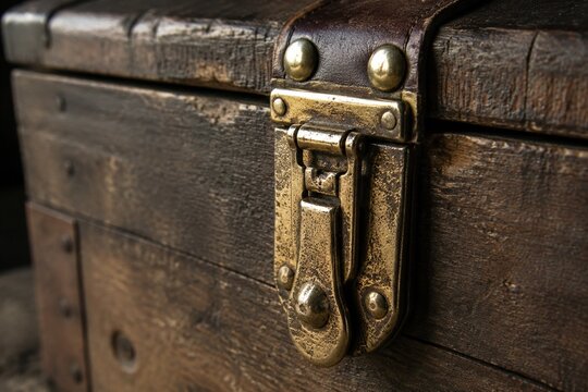 A heavy brass hasp fastened on the leather strap of an aged wooden crate.