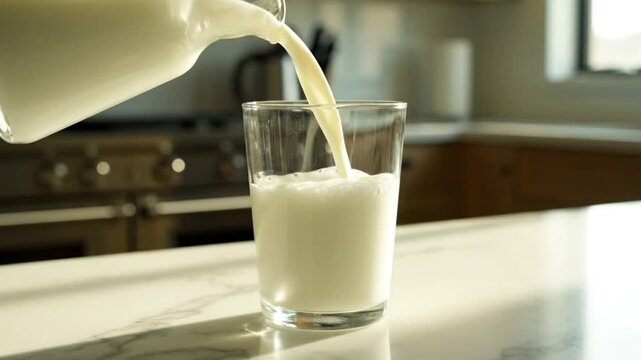 Pouring fresh milk from a glass pitcher into a clear glass on a kitchen counter in the morning sun