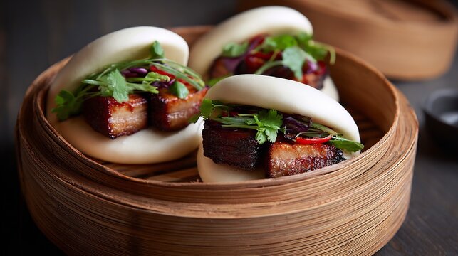 Steamed bao buns filled with glazed pork belly, fresh cilantro and red chili in a bamboo steamer