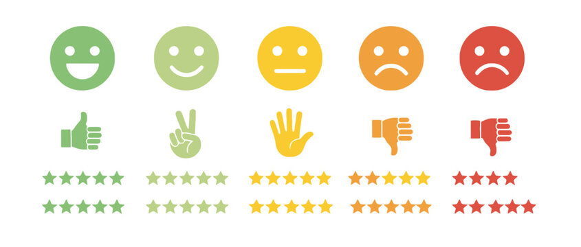 Comprehensive customer satisfaction rating system with colorful emoticons, hand gestures, and star feedback icons for user experience evaluation.