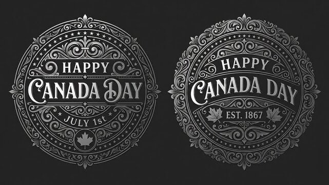 Animated vintage Canada Day chalk emblems drawing on a black background.