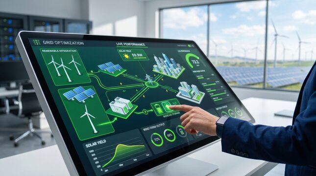 Smart grid optimization dashboard showing renewable energy integration, solar yield data, wind farm output and city power distribution system in modern control room.