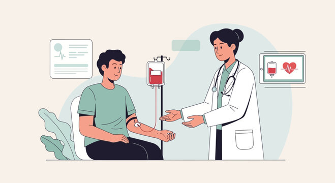 Doctor administering blood transfusion to patient in clinic - flat illustration