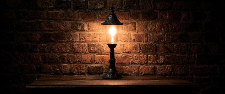 A lone lamp illuminates a brick wall from a wooden shelf